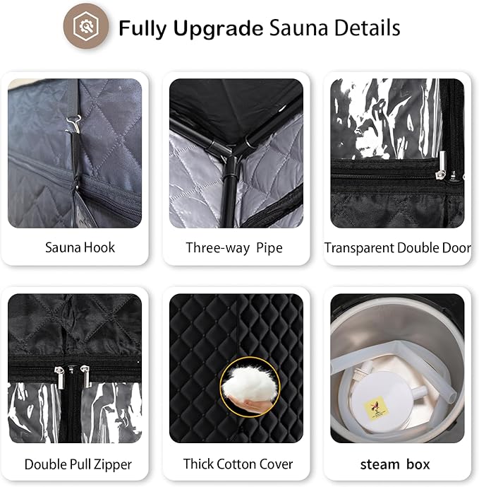 New UpgradeRed Light Sauna Box for Relaxation,Detoxification,Portable Steam Sauna for Home with XL Steamer,16 Levels, 75”x 40”x40”，Double Doors，Larger Folding Chair, Gym-Black， (Black)