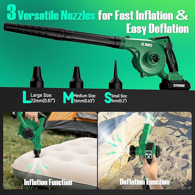 K I M O. Cordless Leaf Blower and Vacuum Combo 4 In 1, 3 Nozzles for Inflation and Deflation, 190MPH/260CFM, Smart Panel with 3 Modes, 20" Extended Tube, 2000mAh Battery Cordless Blowers for Lawn Care