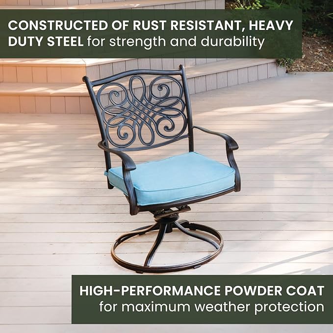 Hanover Traditions 11-Piece Modern Outdoor Dining Set with Rust Resistant Cast Aluminum Rectangular Large Dining Table and 10 Swivel Rocker Chairs with Plush Weather Resistant Blue Cushions