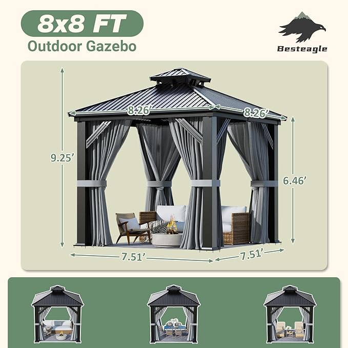 Besteagle 8’ x 8’ Hardtop Gazebo, Heavy Duty Aluminum Frame Outdoor Gazebo with Double Galvanized Steel Roof, Curtains & Netting Included, All-Weather Metal Gazebo for Patio, Lawn, Backyard