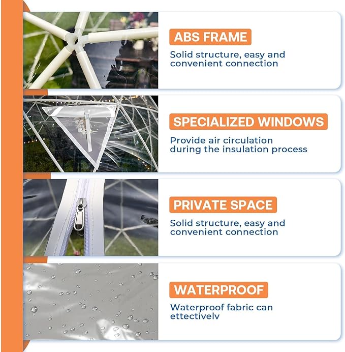 Garden Dome Tent 15*9.5FT, 360° View Geodesic Dome Greenhouse with PVC Clear Cover, Waterproof Garden Bubble Dome Tent House with 2 x 10M Light Strings for Outdoor, Green