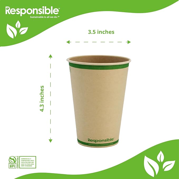 Responsible Products Certified Compostable 12 oz Paper Cups, Cold ＆ Hot Coffee Cups, Disposable Paper Cups, Extra Strength Disposable Cups, Made without PFAS (50 count)