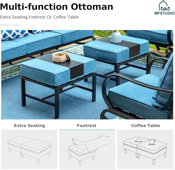 MFSTUDIO 4 Piece Patio Conversation Sets, All Weather Metal Frame Outdoor Furniture Set Patio Sofas with 1 x 45 Rectangular Fire Pit Table, 1 x 3-Seat Sofa, 2 x Swivel Chairs, Navy Cushion