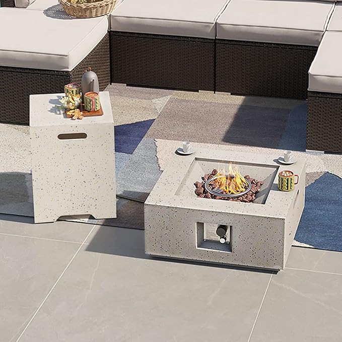 SUNBURY Outdoor 28 Inch Propane Fire Pit Table, 40,000 BTU Spotted White Patio Gas Fire Table Set