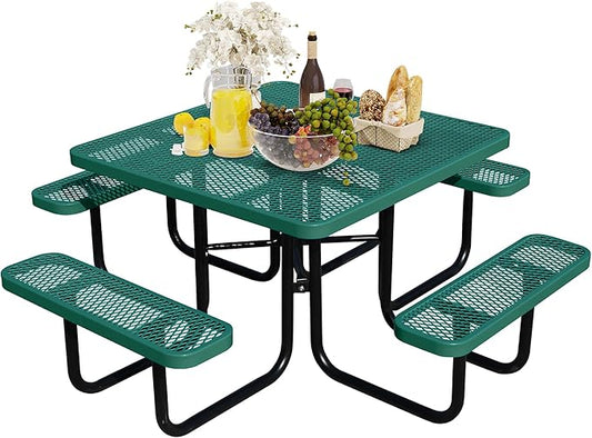 46Inch Square Picnic Table for 8 Person, Outdoor Heavy Duty Sturdy Picnic Tables with 4 Benches & Umbrella Hole, Commercial Metal Patio Picnic Table for Garden, BBQ, Coffee Store, Party, Porch (Green)