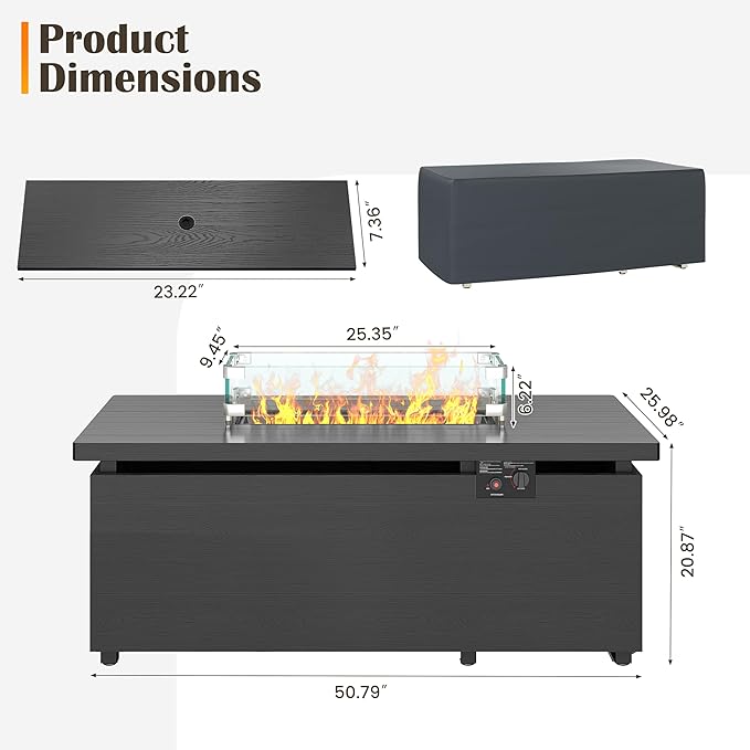 Sundale 51 Inch Outdoor Fire Pit Table, 50,000BTU Rectangle Propane Fire Pit with Sliding Tank Holder, Glass Wind Guard, Removable Lid, CSA Certified, Gray