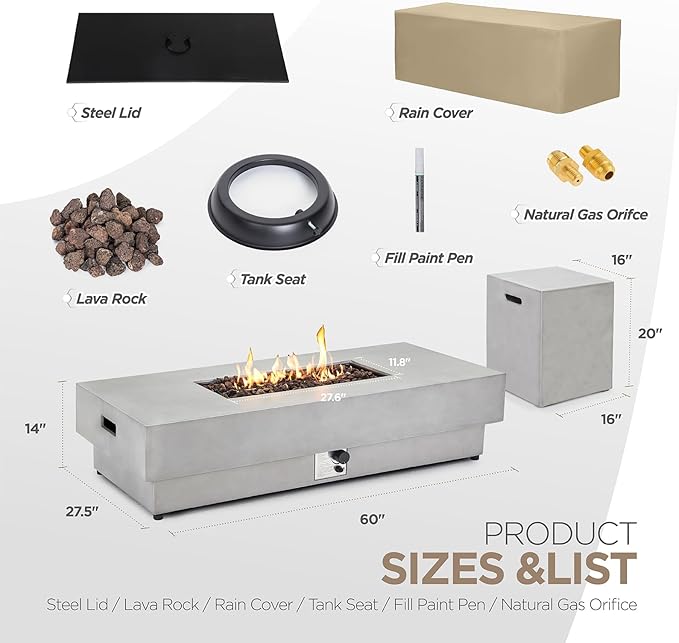60-inch Outdoor Propane Fire Pit Coffee Table with Tank Cover, 50,000 BTU Concrete Rectangle Modern Outside Fire Table, Auto-Ignition, Included Lava Rocks, Metal Lid & Waterproof Cover