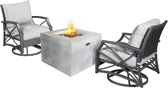 Kinger Home 32-Inch 3-Piece Outdoor Propane Smokeless Concrete Fire Pit Set for Patio, 50,000 BTU CSA Certified, Square, Grey Cushion