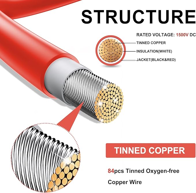 Twin Wire 10FT Solar Extension Cable - 10AWG (6mm²) Solar Panel Connector, with 4 Pairs-IP67-Male/Female Solar connectors for Outdoor Automotive RV Boat Marine Solar Panel- Black & Red