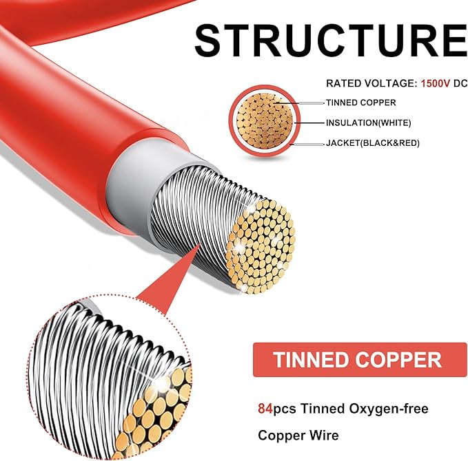 Twin Wire 75FT Solar Extension Cable - 10AWG(6mm²) Solar Panel Connector, with 6 Pairs-IP67-Male/Female Solar connectors for Outdoor Automotive RV Boat Marine Solar Panel- Black & Red