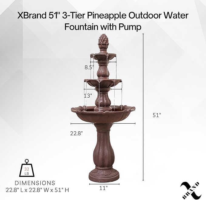 XBrand Outdoor Water Fountain 51 inch 3-Tier Garden Fountain with Pump, Weather Resistant Resin Patio & Yard Waterfall Feature - Brown