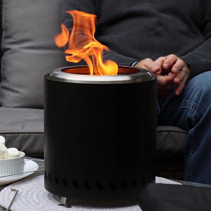 Sunnydaze Tabletop Smokeless Fire Pit with Foldable Legs, Storage Bag, and Poker - Pellet or Wood Burning Portable Fire Pit for Camping- 9.75-Inch H - Black