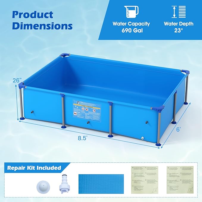 GYMAX 8.5' x 6' x 26" Metal Frame Above Ground Swimming Pool, Outdoor Backyard Famliy Pool w/Puncture-Resistant Fabric, Drainage Valve Connector for Kids & Adults (8.5' x 6' x 26", Rectangle, Blue)