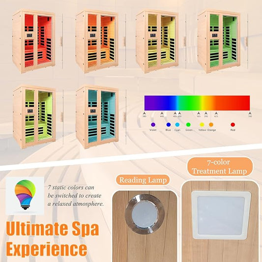 2-Person Infrared Sauna, Indoor Home Sauna Room Hemlock Wood Sauna Low EMF Far Infrared Heating with Tempered Glass Door Bluetooth Speakers, Chromotherapy Lights for Family（110V, 1850W）Truck delivery