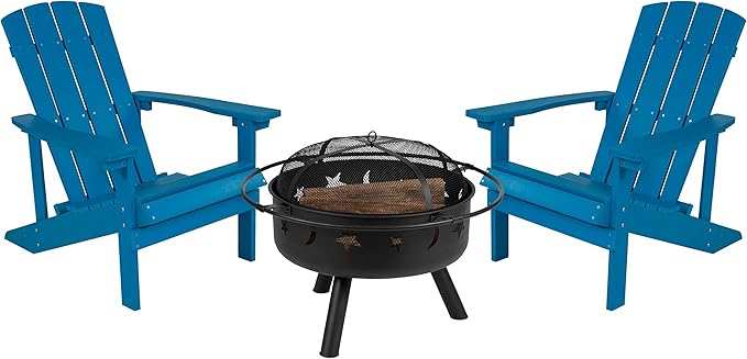 EMMA + OLIVER Campfire Set - Two Blue Poly Resin Adirondack Chairs - 29" Star and Moon Fire Pit with Mesh Cover - Weather Resistant - Wood Burning Fire Pit