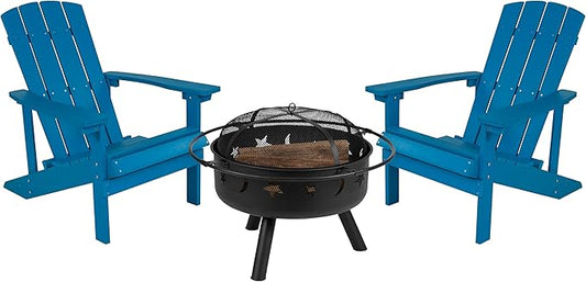 EMMA + OLIVER Campfire Set - Two Blue Poly Resin Adirondack Chairs - 29" Star and Moon Fire Pit with Mesh Cover - Weather Resistant - Wood Burning Fire Pit