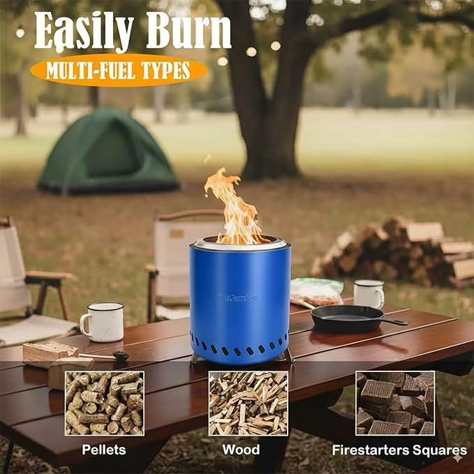 9.5 X 8.6 Inch Tabletop Fire Pit, VivaGarden Portable Firepit, Smokeless Table Top Firepit, Safe Burning Camping Stove, Fueled by Pellets or Wood, Forks, Mat & Travel Bag Included, Blue