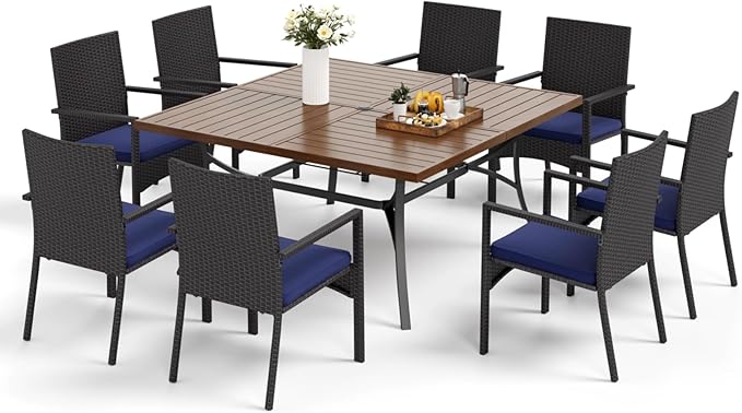 MFSTUDIO 9 Pieces Patio Dining Table Set, 8 Person Outdoor Square Table Set with Chairs, Large Dining Furniture Set, Patio 60" Square Metal Dining Table for 8, Backyard, Porch