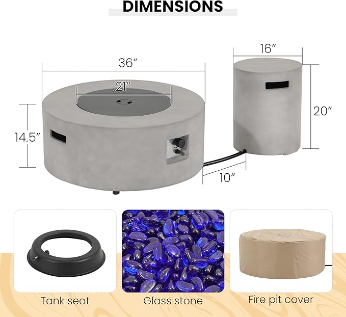SUNSITT Outdoor 36’’ Propane Fire Pit with Tank Table 50,000 BTU Round Patio Propane Firepit Table with Tank Holder, Pit Cover, Metal Lid & Fire Glass, Grey Finish
