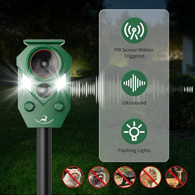 2 Packs Solar Ultrasonic Animal Repeller Device with PIR Sensor Detection, Waterproof Deer Repellent Device Outdoor for Deer, Squirrels, Cats, Dogs, Raccoons, Rabbits, Skunks, Foxes & More