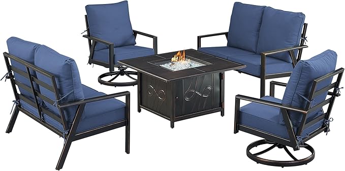 Oakland Living Black Aluminum Patio Fire Table Set with Two Deep Seating Loveseat with Cushions and Two Club Chairs with Blue Cushions