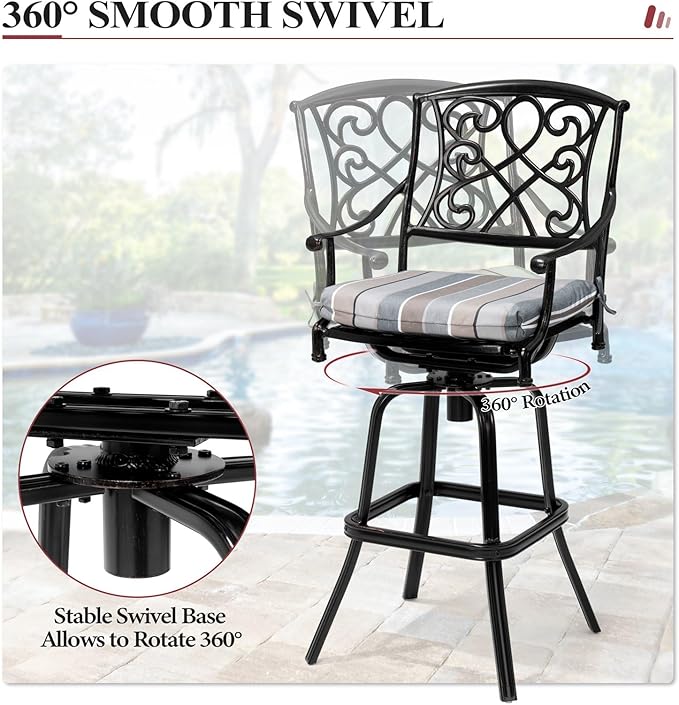 Crestlive Products Outdoor Bar Stools with Sunbrella Cushion Set of 4, 360° Swivel Patio Bar Height Chairs, All Weather Commercial Grade Furniture, Antique Brown Finish for Outside (Milano Char)
