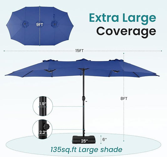 SMUG 15FT Large Patio Umbrella with Base Included, Rectangle Table Umbrella Outdoor Patio, Outside Umbrellas for Deck, Market, Backyard, Blue