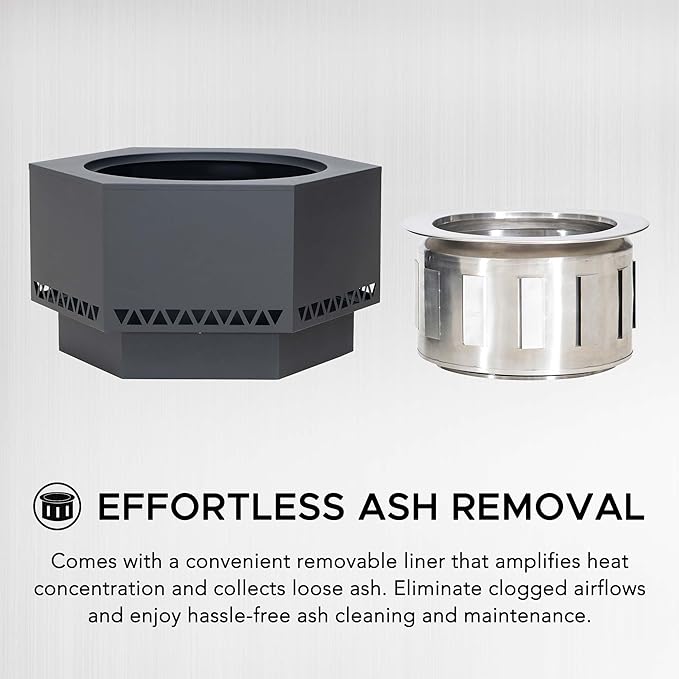 Sunjoy Fire Pit Smokeless 26 in. Hexagonal Outdoor Fire Pit, Patio Wood Burning Smokeless Firepit w/PVC Cover and Fire Poker, Ideal for Camping, Bonfire, and Backyard, Black