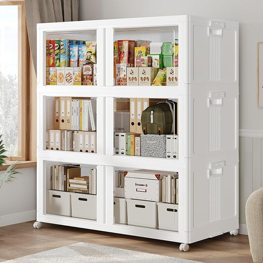 600Qt Stackable Storage Bins with Lid and Wheels, 150Gal Plastic Closet Organizer and Storage Drawer, Large Collapsible Storages Box Cabinet with Clear Door for Home Kitchen, 3Pack White