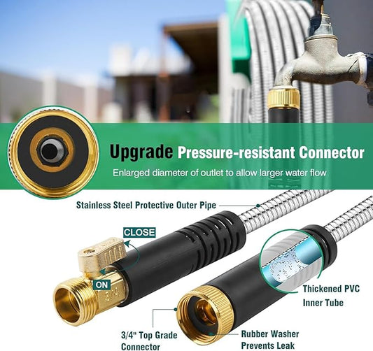 50Ft Metal Garden Hose durable stainless steel Water Hose, flexible, lightweight hose is resistant to kinks and tangles.With 10-way nozzle, strong 3/4” metal fittings, and a Stop Valve.