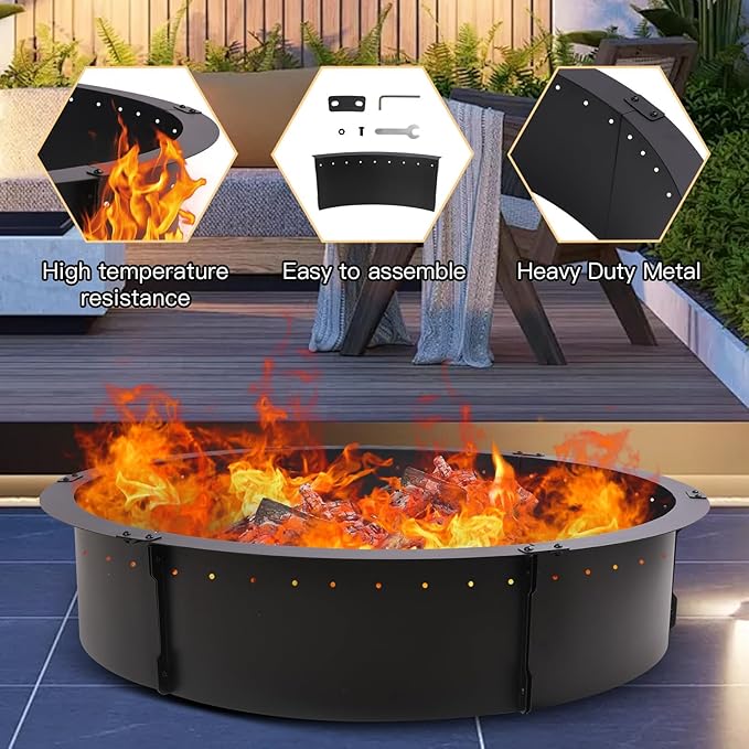52 inch Fire Pit Ring,Large Round Insert Firepit for Outdoor Fire Liner smokeless fire Pit Metal Campfire Ring 52-Inch Outer/48-Inch Inner Diameter Above or In-Ground, Black