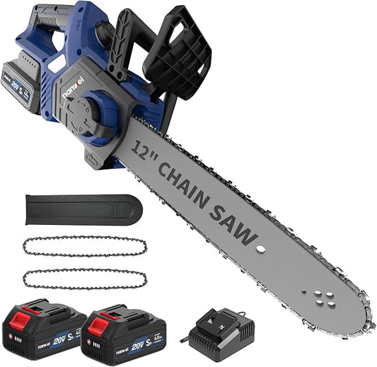 NANWEI 12 Inch Mini Electric Chainsaw Cordless With 2x4.0Ah 20V Batteries and 2 Chains,Battery Powered Chainsaw For Wood，Tree Cutting (With Batteries)