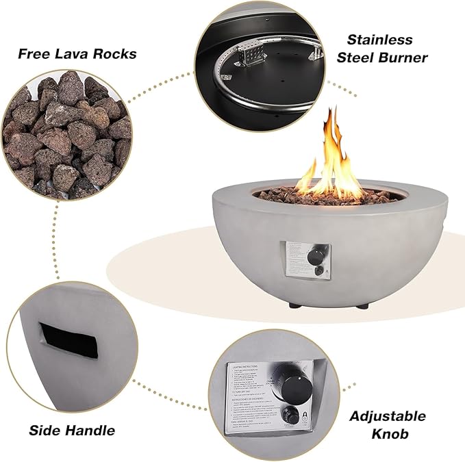 31.5 Inch Outdoor Propane Fire Pit Table w Tank Cover, 2 Pieces Concrete Gas Fire Pit 50,000 BTU Round Burner CSA Certification Fire Bowl with Tank Cover for Outside Patio, Backyard, Deck