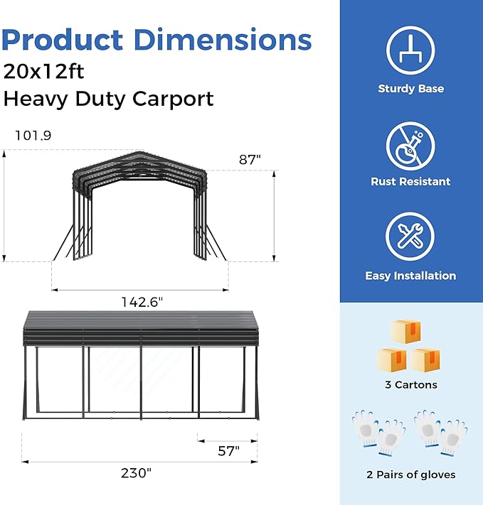 Carport Canopy 12’X20’ Heavy Duty Car Port Galvanized Steel Roof, Reinforced Stable Triangle Frame for Snowy Windy Metal Carports Enhanced Base Car Tent for Car,RV,Pickup,Boat,Truck,Tractor