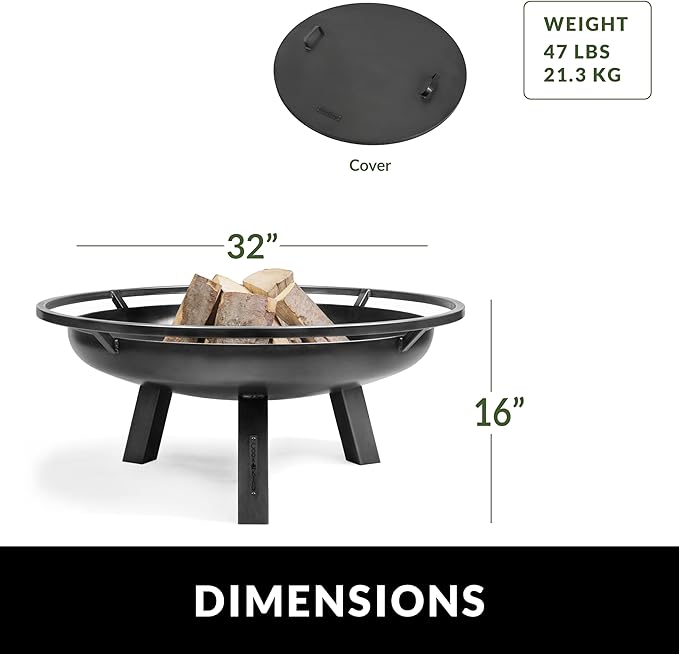 Ember 32" Handcrafted Cooking Steel Fire Pit with Cover Lid Attachment for Wood Burning Fireplace for Backyard Grilling Campfire for Camping, Large Outdoor Steel Firepit by Good Directions