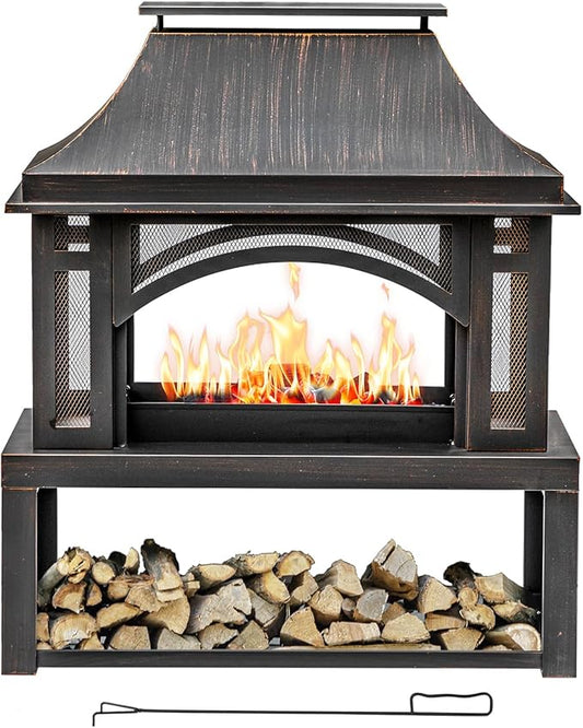 39" Fire Pits with Wood Storage for Outside, Large Wood Burning Outdoor Fireplace with Chimney, Mesh Spark Screen & Fire Poker, Idea for Backyard, Patio, Party, Camping, Picnic