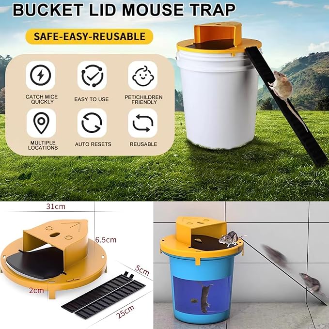 Mouse Trap Bucket Flip Lid, Auto-Reset Multi-Catch Bucket Mouse Trap Lid for 5 Gallon Bucket, Humane Indoor Outdoor Use, Detachable & Sturdy (Yellow)