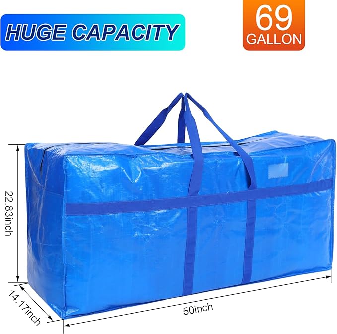 Windyun 4 Pack 69 Gallon Extra Large Storage Bags XXL Moving Bags with Zipper Handles Heavy Duty Jumbo Big Tote Box for Christmas Tree Storage 4, 5, 7.5, 9, 10, 12 ft Skeleton College Dorm(Blue)