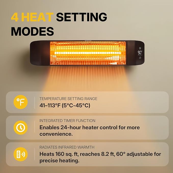 Electric Outdoor Heater 1500W - Patio Heater for Outdoor Use, Silent & Targeted Heating - Smart Control with 24H Timer, IP65 Waterproof - Ideal for Garage, Patio, and Indoor Use