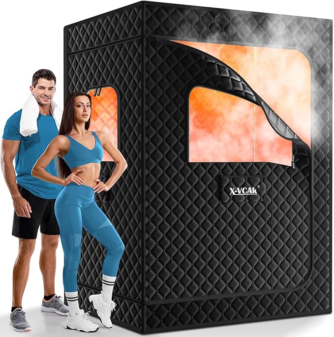 Upgraded 2 Person Sauna Box, Extra Large Sauna Box, Portable Sauna Tent with 2 Steamers, 2 Folding Chair, 71”x 49”x 36”, Black
