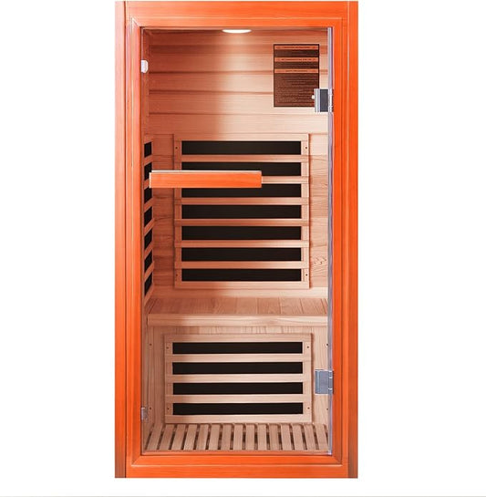 RIGO Home Personal Far-Infrared Sauna Room — 1065W 120V Wooden Dry Sauna Room with Red Light and Bluetooth Music Function, Single-Person Design, Dimensions: 31.5 * 31.5 * 63 inches