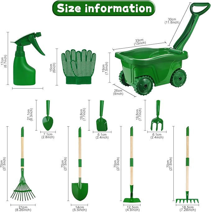 Duckura Kids Gardening Tools Set - 10pcs Wheelbarrow Set for Kids with Shovel, Rake, Leaf Rake, Summer Outdoor Yard Digging Weed Toys, Valentine's Birthday Gifts for Boys Girls Age 2 3+ Years(Green)