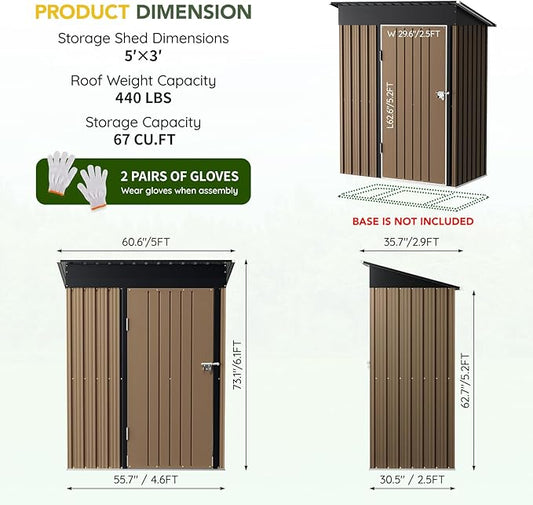 5x3FT Vertical Outdoor Steel Storage Shed, Lockable Doors, Compact Metal Tool Shed for Garden, Backyard, Patio, Utility, and Bike Storage,Brown