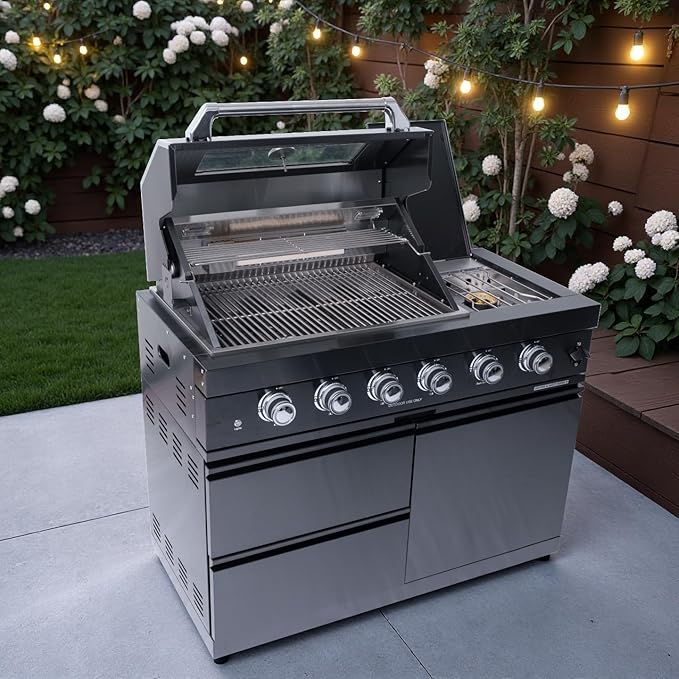 BBQ Island Outdoor Kitchen: 46-Inch 4-Burner 72000 BTU Modular Outdoor Grill Island with Rotisserie Kit and Side Burner - Pre-Assembled with Storage & Wheels