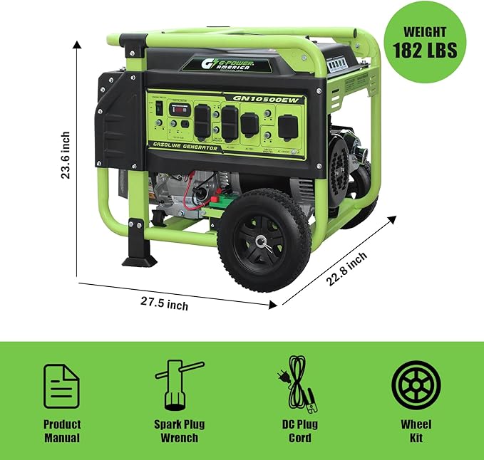 Green-Power America Portable Generator 10500 Watt,Gasoline Powered,Recoil/Electric Start, 12V-8.3A Charging Outlets, Home Back Up & RV Ready
