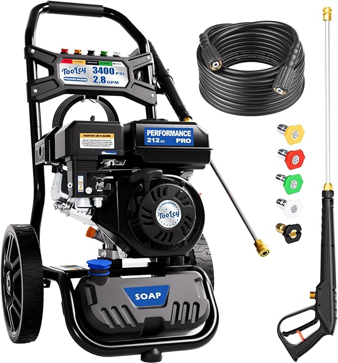 TOOLCY Gas Powered Pressure Washer 3400 PSI 2.8 GPM, 212cc Engine Gas Power Washer with Enhanced Pump, 30FT Pressure Washer Hose, Soap Tank, Pressure Gun & 5 Tips for Cars/Driveways/Homes/Patios
