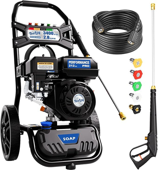 TOOLCY Gas Powered Pressure Washer 3400 PSI 2.8 GPM, 212cc Engine Gas Power Washer with Enhanced Pump, 30FT Pressure Washer Hose, Soap Tank, Pressure Gun & 5 Tips for Cars/Driveways/Homes/Patios