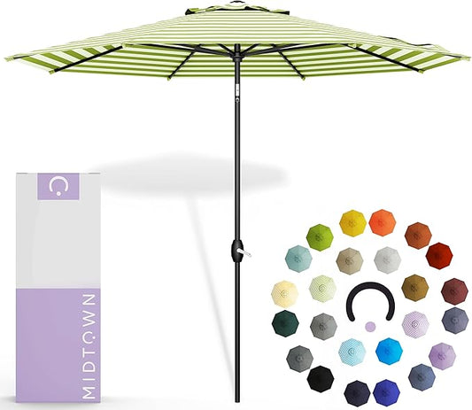 MIDTOWN UMBRELLAS The Lean 6 Feet Outdoor Umbrella With Terylast Pear Stripes (Green/White Stripes) Polyester Fabric - Auto-Tilt Aluminum Frame Patio Umbrella For Deck, Garden, Pool - Black Pole