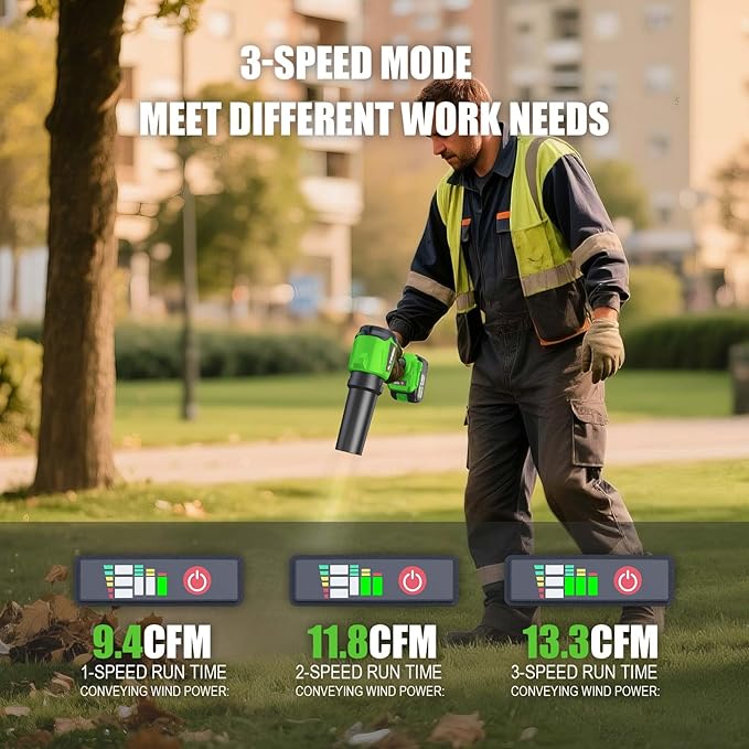 Leaf Blower Cordless - Lightweight Electric Handheld Blower with Battery and Charger, 3 Speed Mode, Blowers for Lawn Care, Patio Cleaning, Dust Cleaner (Dark Green)