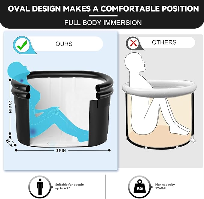 CalmMax Oval Ice Bath Tub with Double Inflatable Neck Rest Ring, Portable Cold Plunge with Cover, 140 Gal Cold Plunge Tub for Cold Water Therapy, XL Ice Baths at Home, Outdoor, Gym (IB004), Black